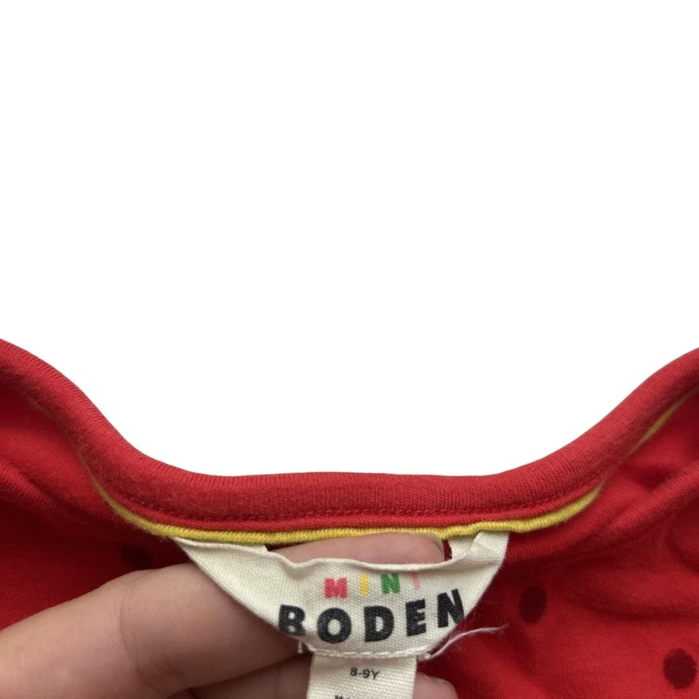 Mini Boden Girls Dress 8-9Y Red Polka Dotted Jersey Knit Party Ruffled Gold